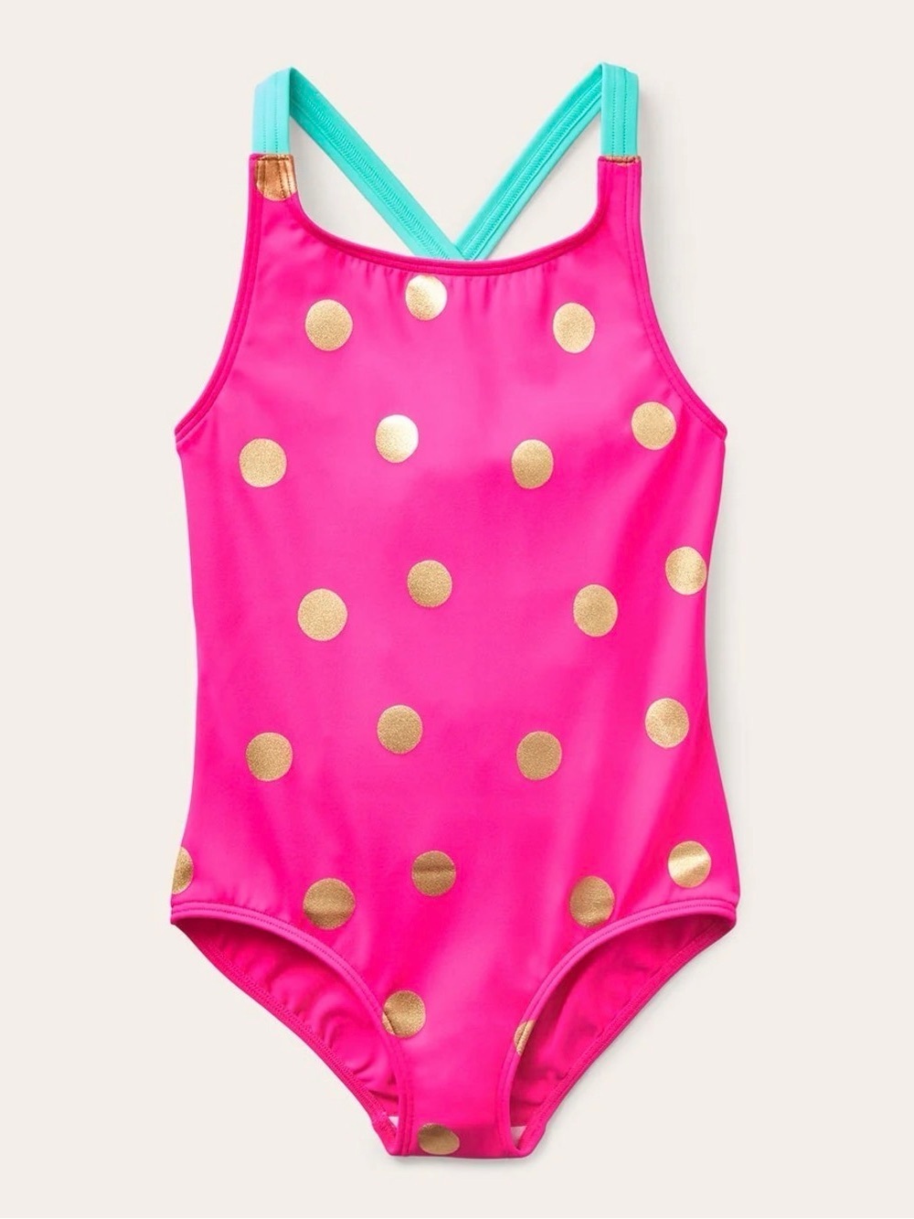 Boden Girls Fuschia Polka Dot Cross Back One Piece Swimsuit Size 9-10